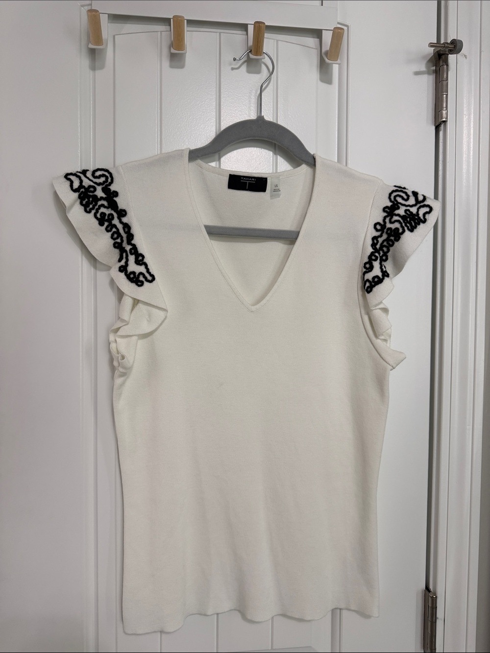Tahari Cream V-Neck Tank with Black Embroidered Flutter Sleeves
